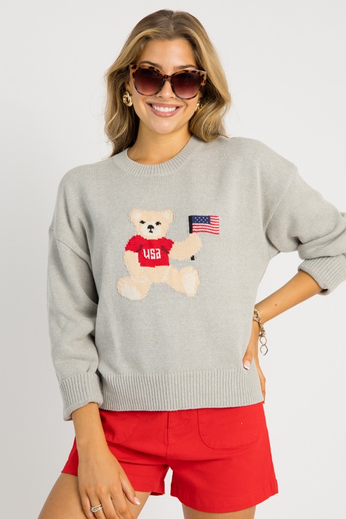 Teddy Bear Flag Sweater, H. Grey