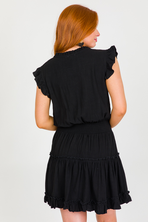 Smock Waist Linen Dress, Black