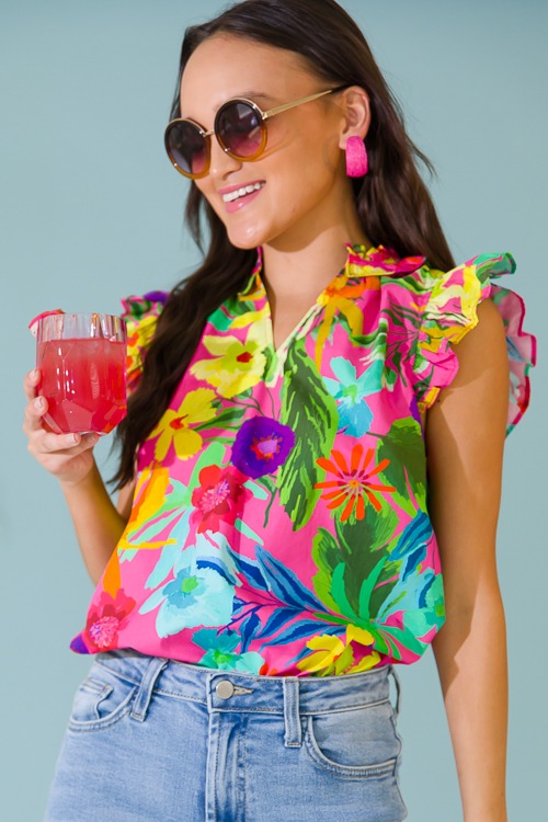 Tropical Floral Top, Hot Pink