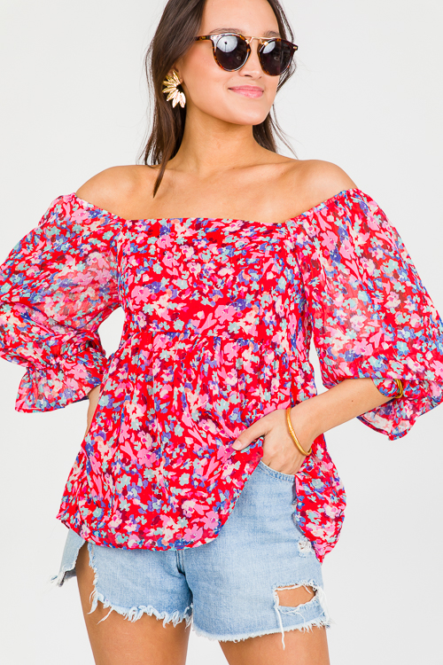 Metallic Floral Top, Red