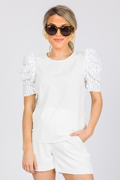 Sequin Puff Sleeve Blouse, Whit
