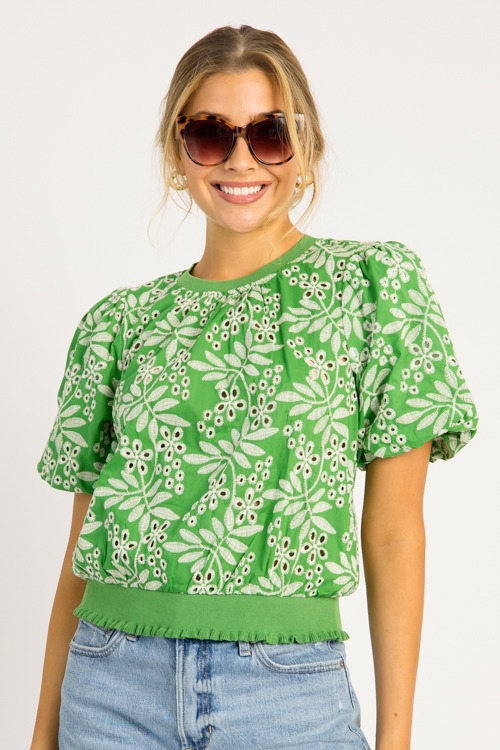 Embroidery Eyelet Banded Top, Green