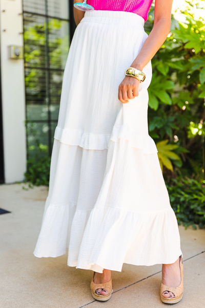 Gauze Ruffled Maxi Skirt, Ivory