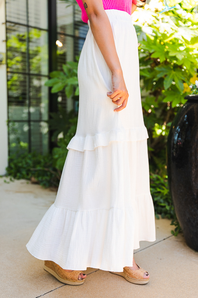 Gauze Ruffled Maxi Skirt, Ivory