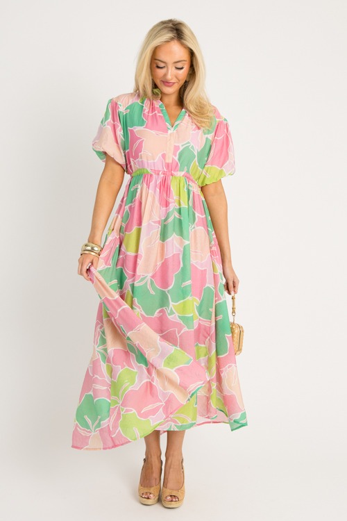 Printed Draw Waist Maxi, Pink Mix