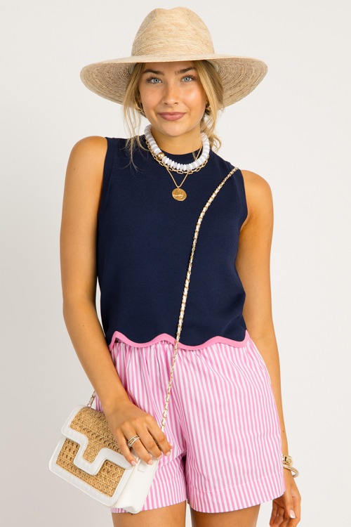 Scallop Contrast Hem Tank, Navy