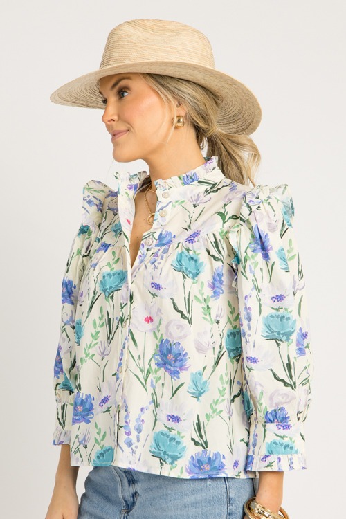 Painted Floral Button Top, Blue