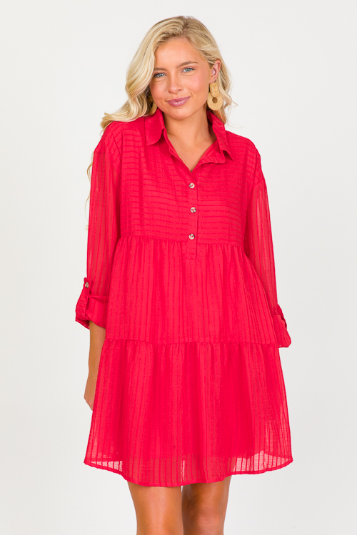 Tonal Texture Tier Dress, Red - New Arrivals - The Blue Door Boutique