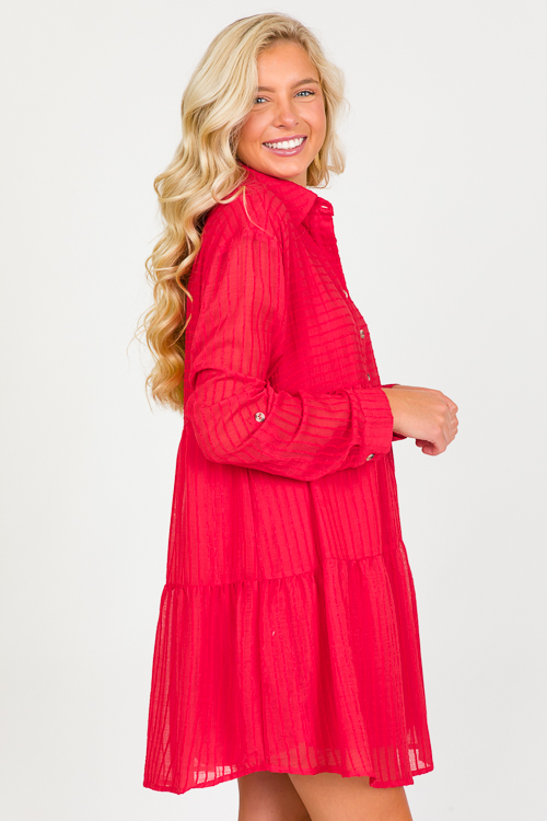 Tonal Texture Tier Dress, Red - New Arrivals - The Blue Door Boutique