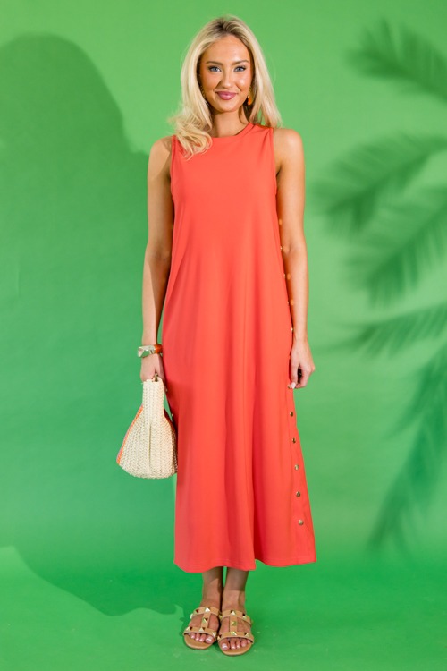 Buttoned Up Rib Midi, Orange Red