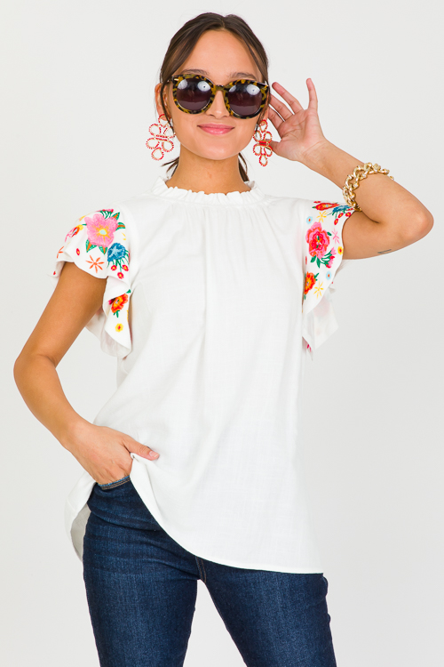 Floral Sleeve Linen Top, Off Wh