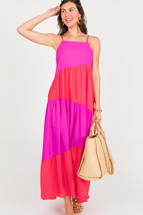 Colorblock Tiered Maxi, Red/Pin