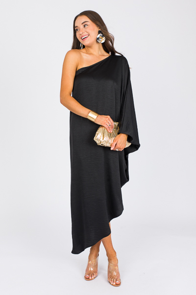 Asymmetrical Satin Dress, Black