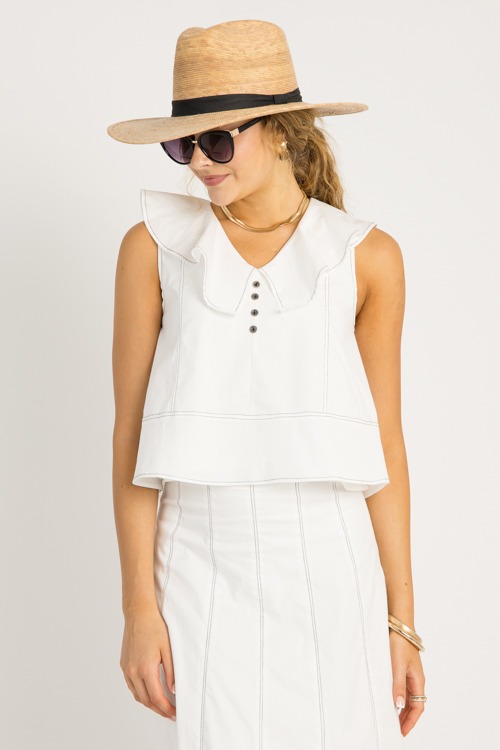 Contrast Stitch Ruffle Top, White