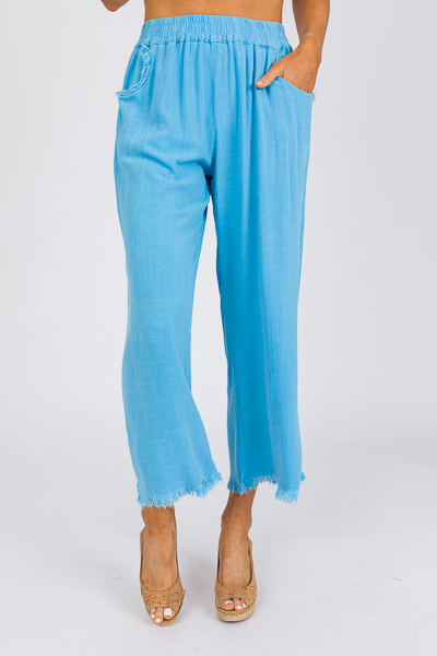 Cropped Linen Pant, Cyan Blue