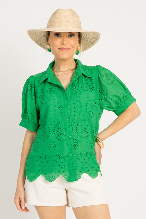 Eyelet Button Down Top, Kelly Green