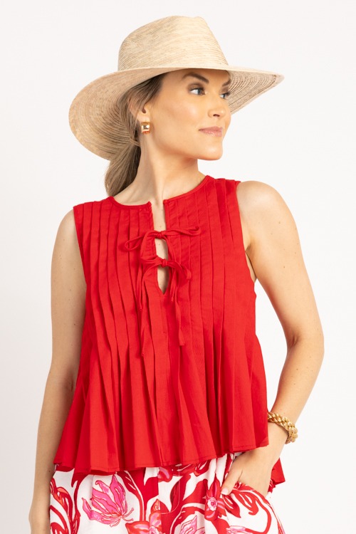 Pleated Linen Tie Tank, Tomato
