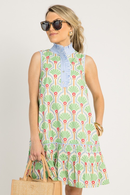 Stripe Trim Printed Dress, Green