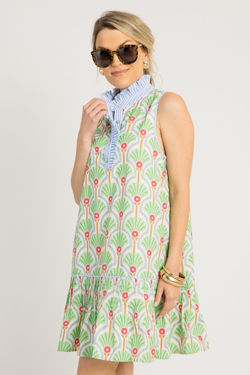 Stripe Trim Printed Dress, Gree - 0528-90h.jpg