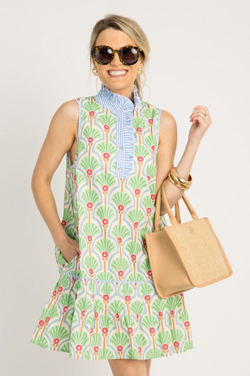 Stripe Trim Printed Dress, Gree - 0528-92.jpg