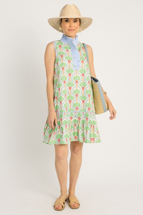 Stripe Trim Printed Dress, Gree - 0528-96.jpg