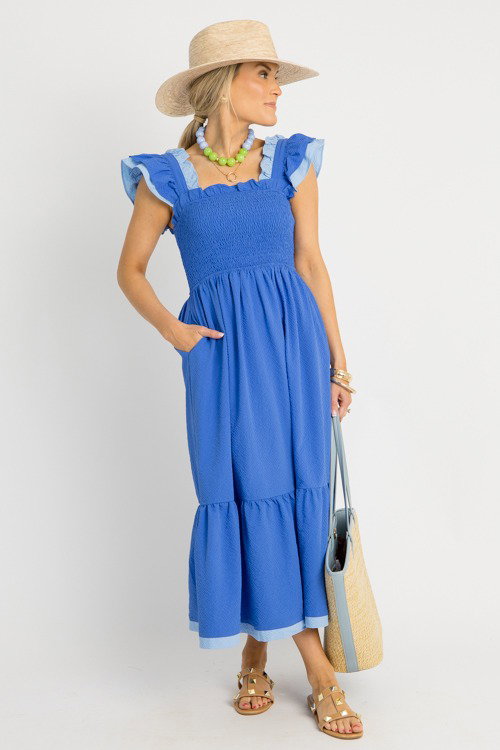 blue smock midi dress Blue Smocked Tiered Midi Dress – PinkBlush main image 1