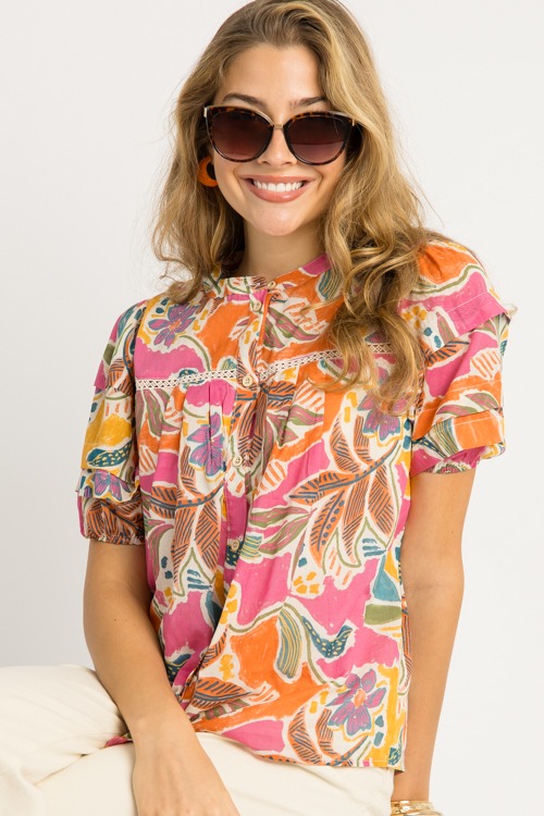 Floral Button Top, Cream Mix