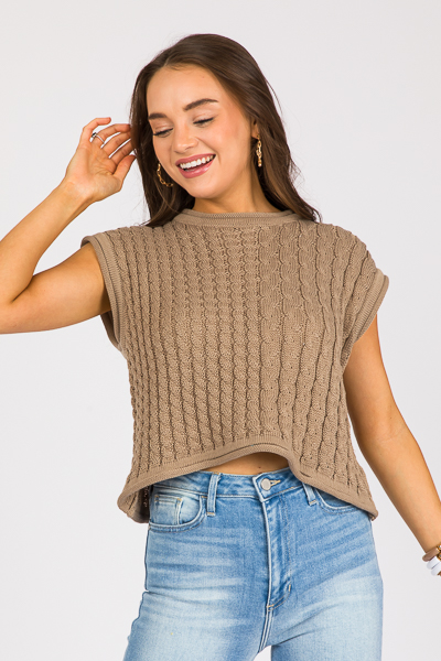 Sleeveless Cable Sweater, Brown