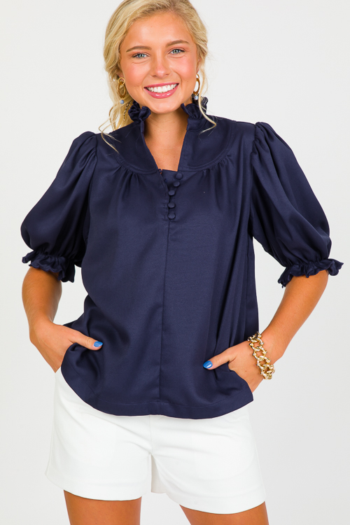 Pop And Scallop Blouse, Navy - New Arrivals - The Blue Door Boutique