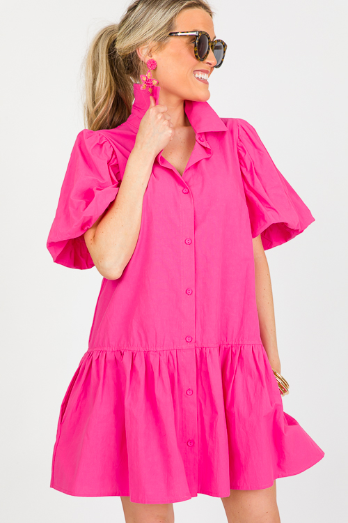Drop Hem Cotton Dress, Hot Pink