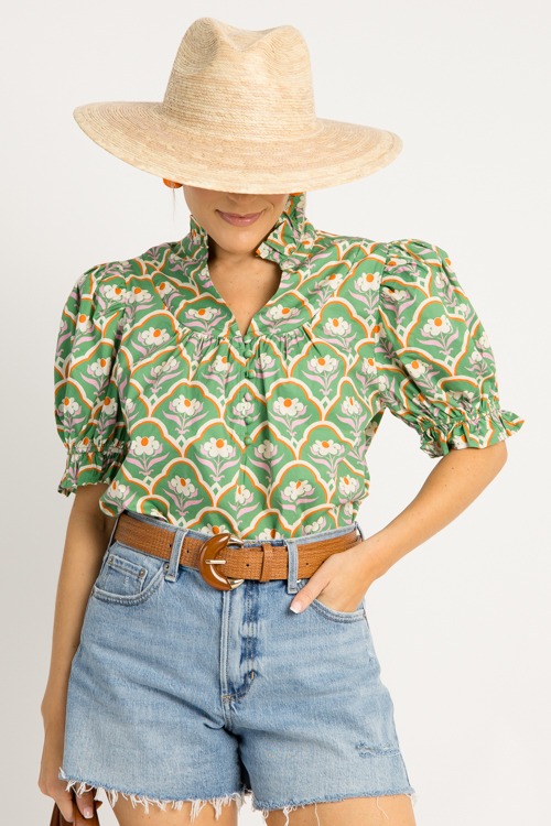 Floral Scallop Print Top, Green