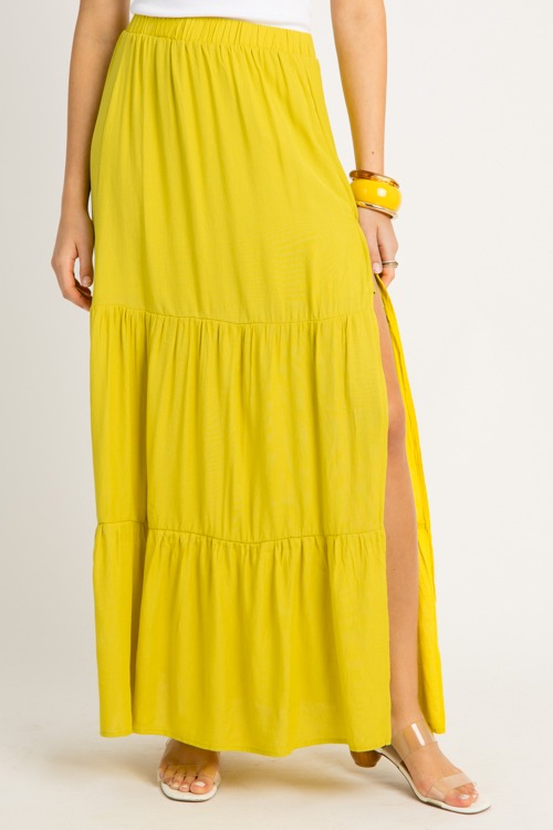 Tiered Slit Maxi Skirt, Chartreuse