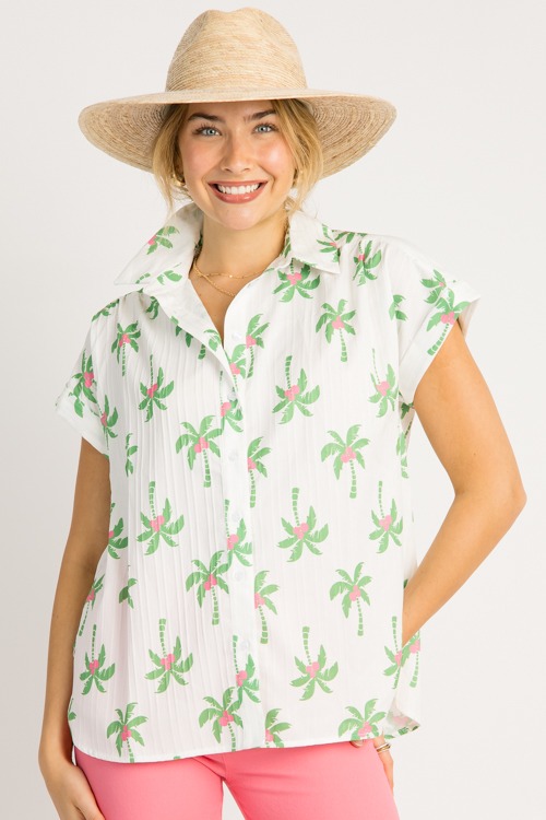 Palm Tree Button Up, White/Green