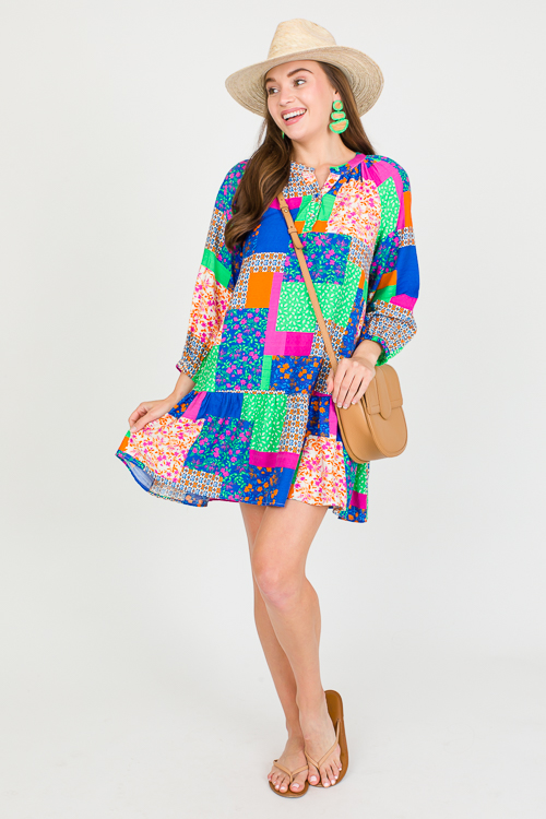 Patchwork Dress, Green/Orange/Blue - SALE - The Blue Door Boutique