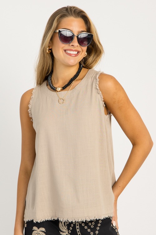 Fray Trim Linen Tank, Latte