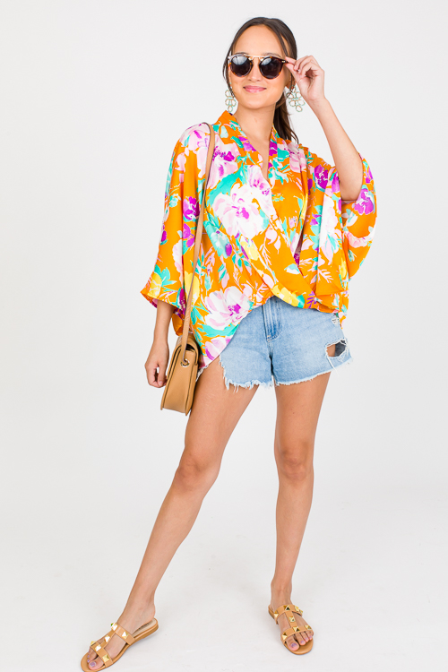 Floral Surplice Kimono Blouse, Mustard