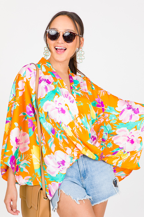 Floral Surplice Kimono Blouse, Mustard