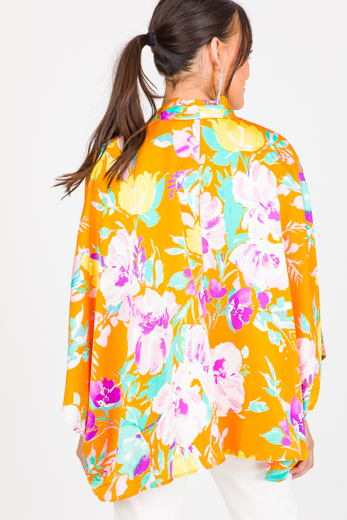 Floral Surplice Kimono Blouse, Mustard