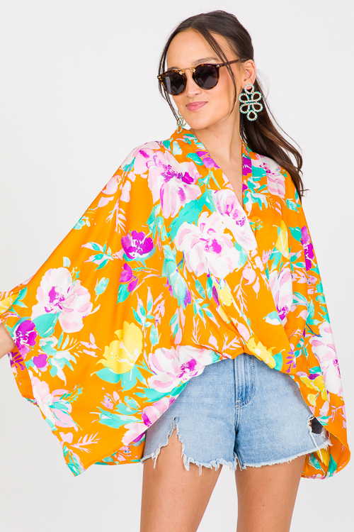 Floral Surplice Kimono Blouse, Mustard