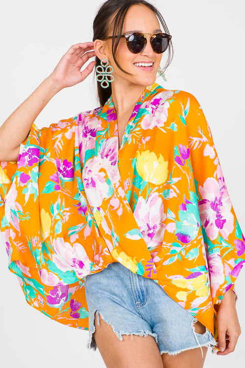 Floral Surplice Kimono Blouse, Mustard