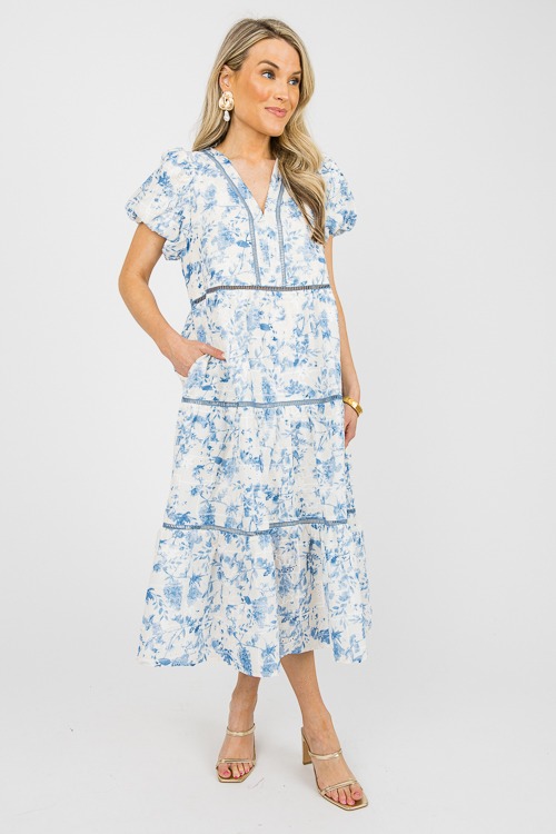 Ladder Trim Floral Midi, Blue