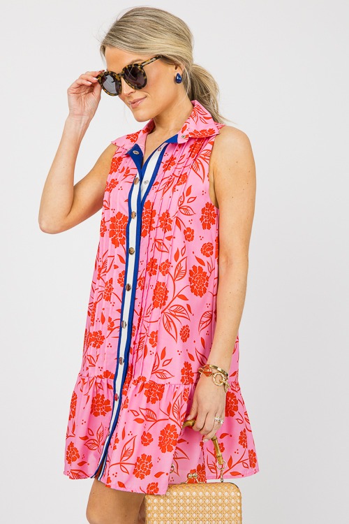 Stripe Trim Flower Dress, Pink - SALE - The Blue Door Boutique