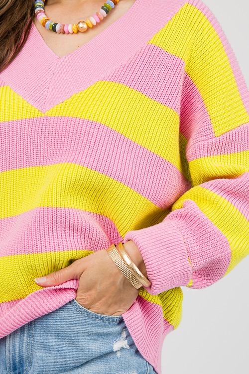 V-Neck Stripe Sweater, Pink/Lime - 0607-107h.jpg