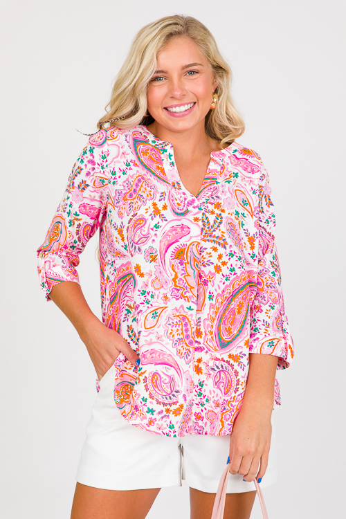 Paisley Tab Sleeve Blouse, Neon Pink