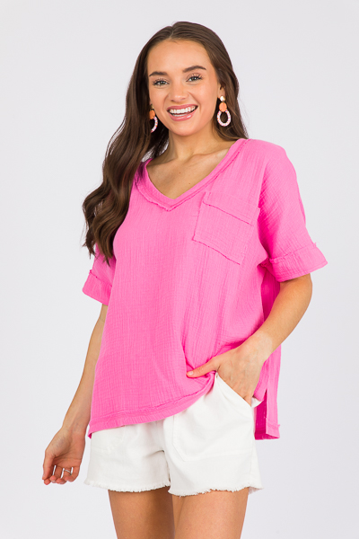 Boxy Gauze Top, Hot Pink