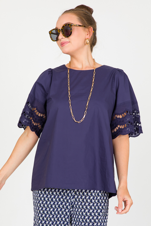 Embellished Sleeve Top, Navy