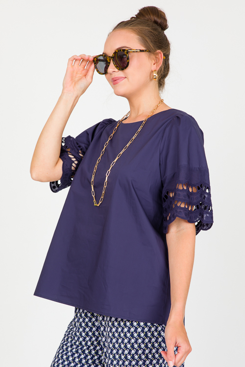 Embellished Sleeve Top, Navy