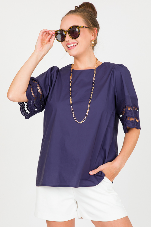 Embellished Sleeve Top, Navy