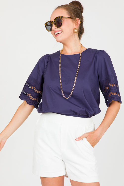 Embellished Sleeve Top, Navy