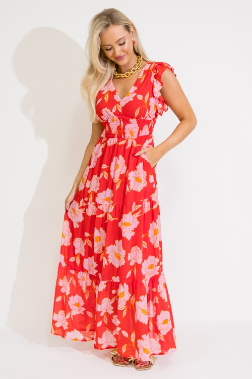 Smock Waist Floral Maxi, Red